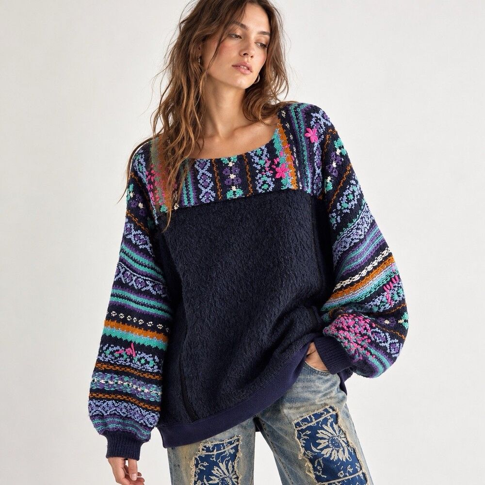 We The Free People Nothing Compares Sweater XS Fair Isle Embroidered Oversized